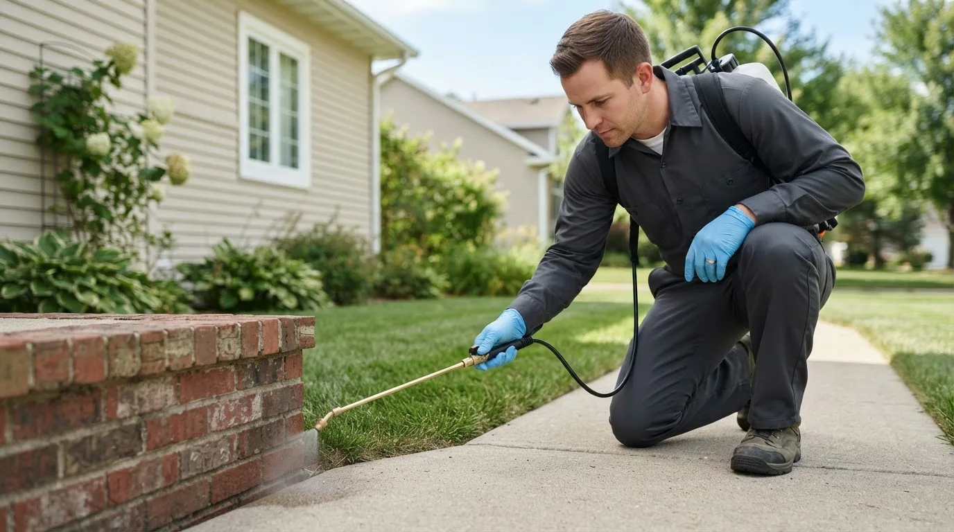 Pest control technician treating a home near Milltown, IN