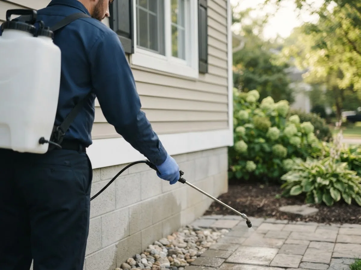 Pest control technician inspecting a home in Milltown, IN